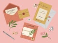 Set of different colorful envelopes with seals and stamps, romantic letters